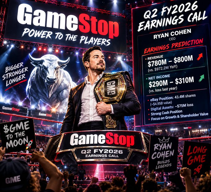 A promotional graphic for a GameStop Q2 FY2026 Earnings Call features Ryan Cohen, displaying earnings prediction figures including Revenue $780M-$800M and Net Income $290M-$310M.