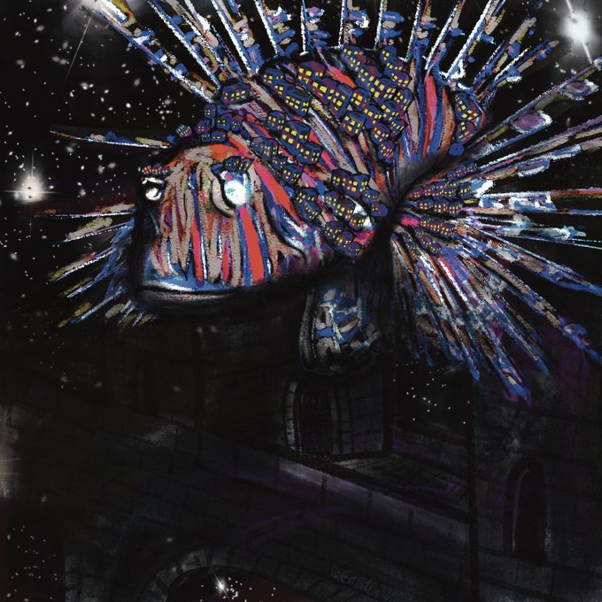 A stylized digital artwork of a lionfish with elaborate spiny fins, featuring vibrant red, blue, and yellow patterns, set against a starry cosmic background.
