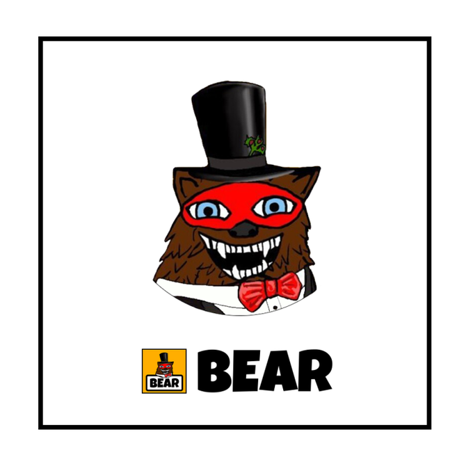 An illustration of a cartoon bear wearing a top hat with holly, a red domino mask, and a red bow tie, accompanied by the word 'BEAR' in bold black text below a smaller version of the character.