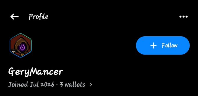 A dark-themed social media profile page for 'GeryMancer', showing they joined in July 2026 and have 3 wallets, with a blue 'Follow' button.