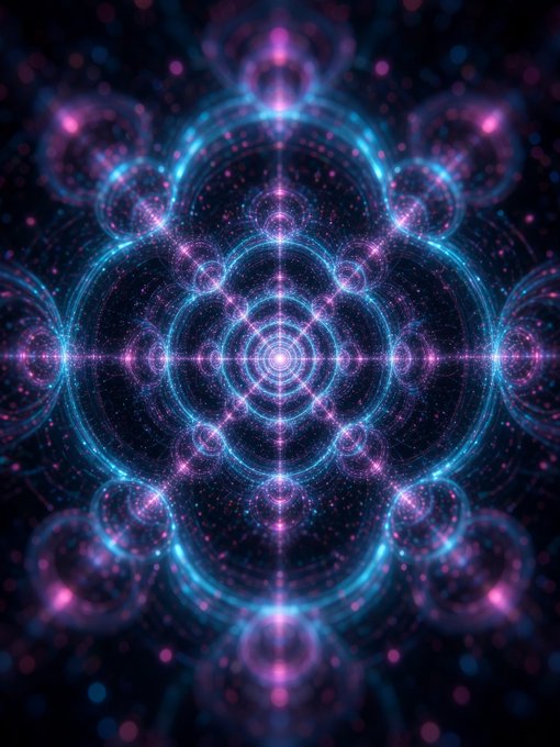 An abstract digital artwork featuring a symmetrical, mandala-like pattern of glowing cyan and pink spheres and rings on a dark background.