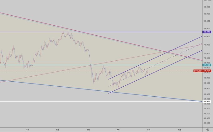 A daily BTCUSD Bitcoin chart showing price consolidating around $65,724 within a purple parallel channel and descending triangle pattern, with resistance near $82,318 and support near $53,557, as a potential inverse head and shoulders formation takes shape.