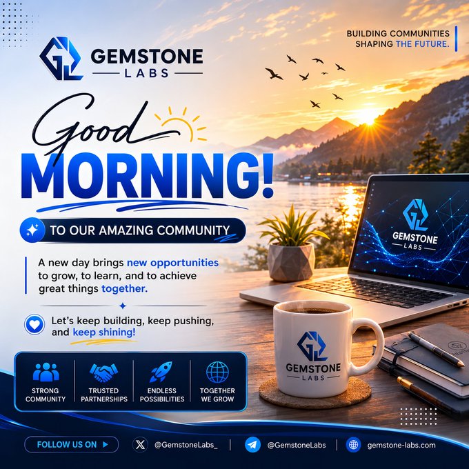A 'Good Morning' promotional graphic for Gemstone Labs featuring a scenic lakeside sunset, a laptop, and a branded coffee mug, with the tagline 'Building Communities, Shaping The Future' and social media handles @GemstoneLabs.