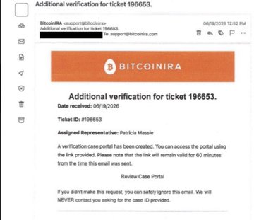 An email from BitcoinIRA support confirming additional verification for ticket 196653, assigned to representative Patricia Massie.