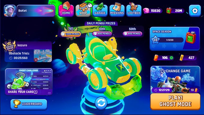A video game main menu screen titled "Garage Drift Online" showing a green and yellow buggy vehicle, with player name "BaKet", "Space Season 38", and a "Play Ghost Mode" button visible.