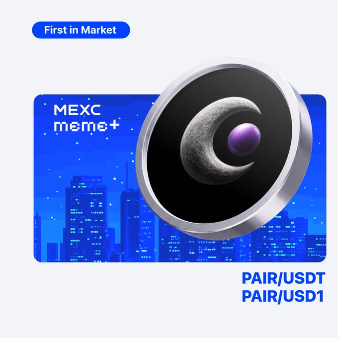 A promotional graphic announcing the MEXC Meme+ listing of the cryptocurrency $PAIR, featuring a "First in Market" badge in the top left, the MEXC Meme+ logo against a blue cityscape background, and a large circular token emblem with a crescent moon and purple orb design, with trading pairs listed as PAIR/USDT and PAIR/USD1 in the bottom right corner.