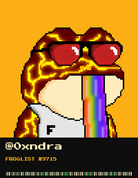 A pixel art image shows a frog character wearing red sunglasses with a rainbow streaming from its mouth, credited to '@0xndra' and 'FROGLIST #9715' on an orange background.