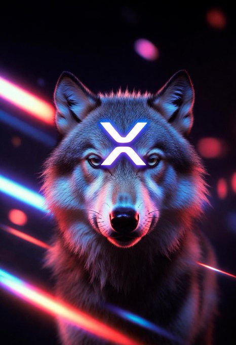 A stylized digital portrait of a wolf with glowing eyes, a neon blue XRP (X) logo on its forehead, and colorful streaks of light in the dark background.