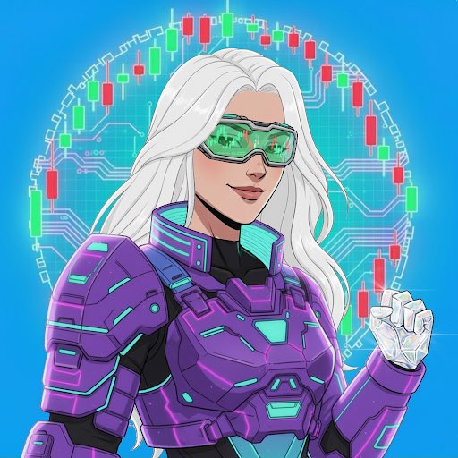 Anime-style illustration of a white-haired woman wearing green visor sunglasses and purple futuristic armor, with a stock candlestick chart background on a blue backdrop.