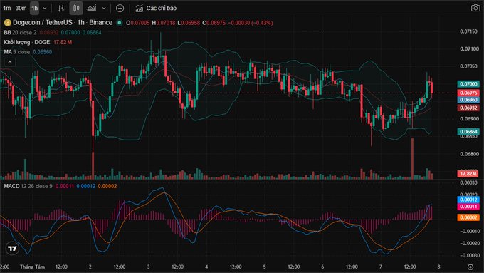 A 1-hour Dogecoin/TetherUS (DOGEUSDT) trading chart showing price around 0.06964, with Bollinger Bands and MACD indicators visible.