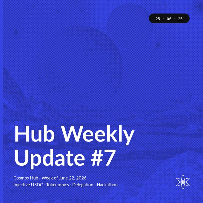 A blue graphic titled "Hub Weekly Update #7" for Cosmos Hub, dated 25·06·26, covering the week of June 22, 2026, with topics listed as "Injective USDC · Tokenomics · Delegation · Hackathon." The image serves as a cover/title card for the weekly update post.