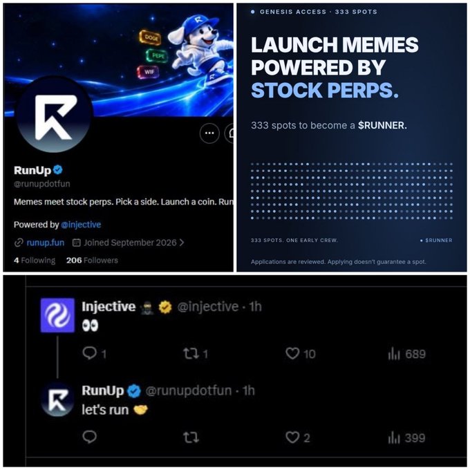 A collage of promotional social media posts for 'RunUp' (@runupdotfun) on X, featuring a 'LAUNCH MEMES POWERED BY STOCK PERPS' graphic with 'GENESIS ACCESS · 333 SPOTS' and a tweet exchange between @injective and @runupdotfun saying 'let's run'.