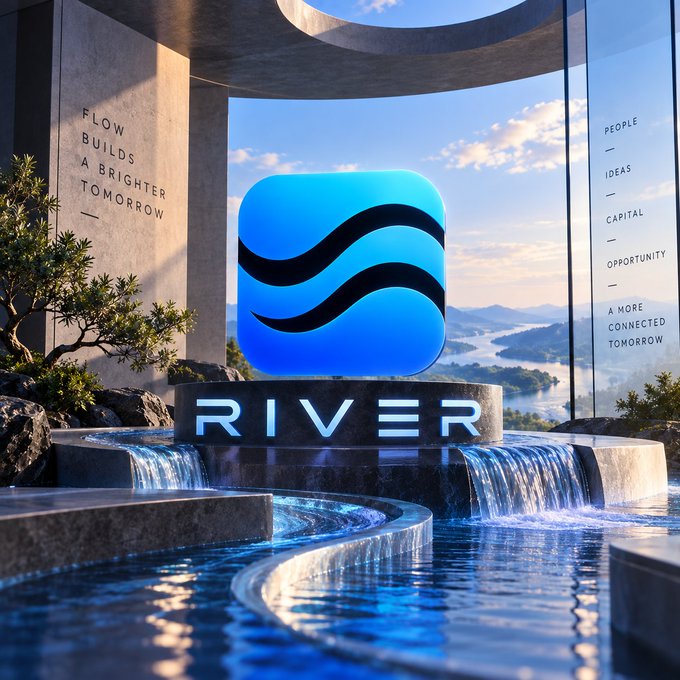 A promotional image featuring a large blue app icon with black wave patterns above the word "RIVER," set against a scenic backdrop with waterfalls and engraved text reading "FLOW BUILDS A BRIGHTER TOMORROW" and "PEOPLE — IDEAS — CAPITAL — OPPORTUNITY — A MORE CONNECTED TOMORROW."
