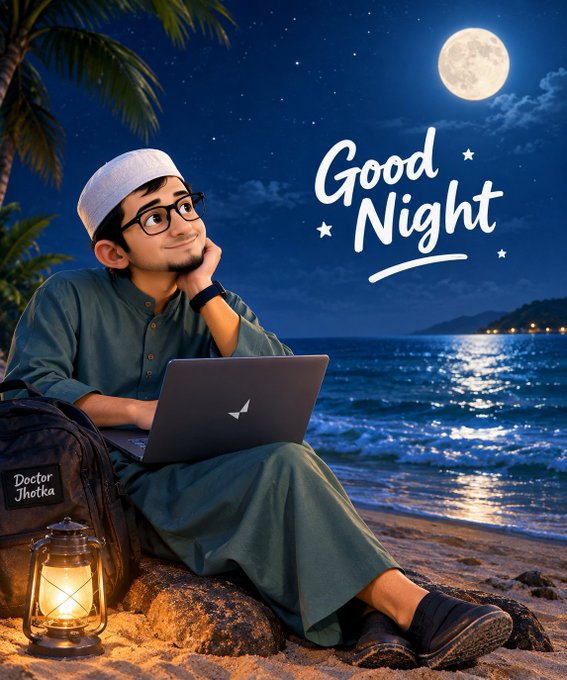 A digital illustration of a young man wearing glasses and a white prayer cap, sitting on a beach at night with a laptop, with "Good Night" text and a moon in the sky, and a backpack labeled "Doctor Jhotka."