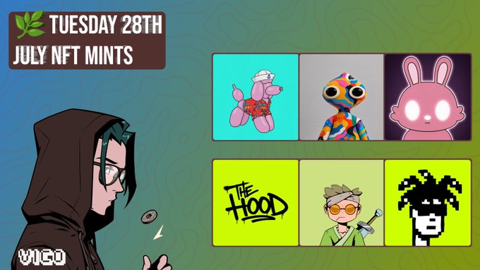 A promotional graphic titled "TUESDAY 28TH JULY NFT MINTS" features a hooded figure alongside six NFT preview images, highlighting mints from Ok Poodles (6,969 supply) and Goobze (700 supply) with their respective Ethereum pricing and minting schedule.