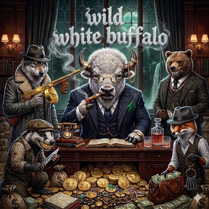An illustration titled 'Wild White Buffalo' featuring anthropomorphic animals including a wolf with a tommy gun, a white buffalo smoking a cigar in a suit, a bear, a badger with a knife, and a fox with money bags, surrounded by gold coins and cash.