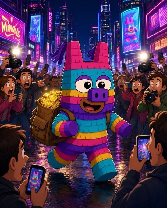 A vibrant 3D illustration of a colorful piñata character carrying a sack of gold coins through a neon-lit city street, surrounded by excited onlookers taking pictures.