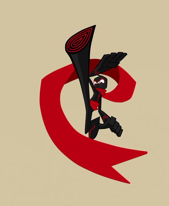 An artistic illustration of a dark-haired anime-style character in a red scarf holding a large black bat-like weapon, surrounded by a flowing red ribbon.