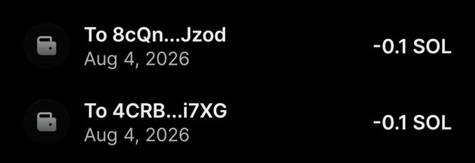 The image shows two Solana transactions from August 4, 2026, each showing a transfer of "-0.1 SOL" to wallet addresses starting with "8cQn...Jzod" and "4CRB...i7XG," which likely represent the 0.1 SOL giveaway winners announced in the accompanying post.