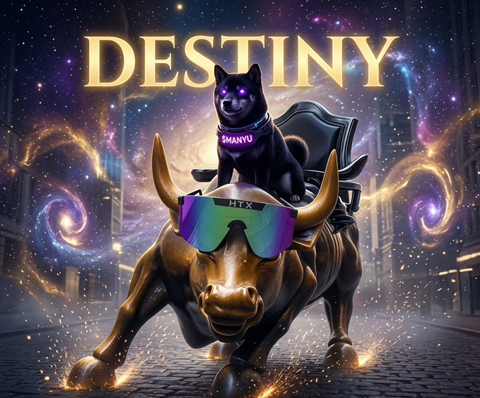 A stylized digital artwork titled 'DESTINY' featuring a black dog wearing a 'SMANYU' collar sitting on a golden bull wearing 'HTX' ski goggles, set against a cosmic background.