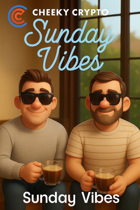 A 'Cheeky Crypto Sunday Vibes' promotional image showing two cartoon men wearing sunglasses and holding coffee mugs, with the text 'Sunday Vibes' displayed at the bottom.