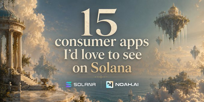 Fantasy landscape featuring floating islands and a classical structure, with text reading '15 consumer apps I'd love to see on Solana' and logos for Solana and Noah.AI.