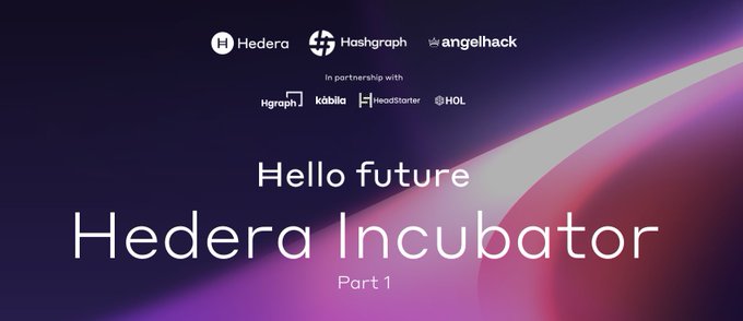 The image features a banner for an event called "Hello Future Heerdra Incubator", which appears to be part 1 of a series of posts about the event. The banner includes logos for other companies, such as #Hackathon, #Kilometer, and #HEDERA. It also contains text that reads "Hello Future Heerdra Incubator" and "Part 1".