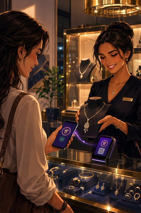 A smiling jewelry store employee presents an elegant diamond necklace on a black bust to a customer holding a smartphone displaying the "π" (Pi) cryptocurrency symbol, with a matching Pi payment terminal on the counter. The image illustrates the post's message by depicting a real-world scenario where Pi Network seamlessly integrates into everyday luxury transactions, symbolizing the future where humans and AI collaborate through Pi as a universally accepted digital currency.