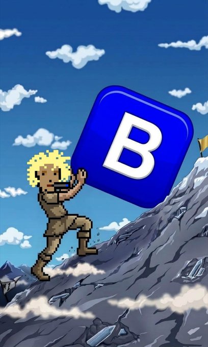 A pixel art character with blonde hair pushes a large blue block with the letter 'B' up a rocky mountain under a cloudy sky.