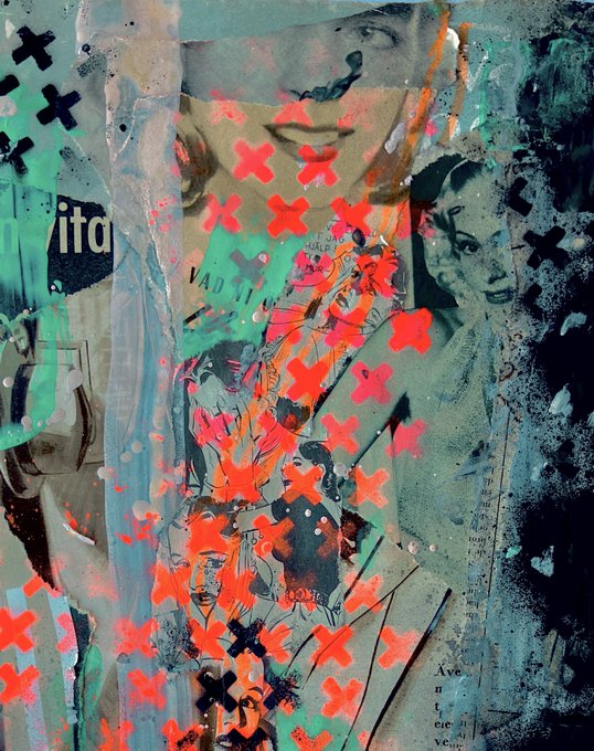 A mixed-media collage artwork featuring a vintage woman's portrait, scattered red X marks, torn paper textures, and teal-green tones in an urban street-art style.
