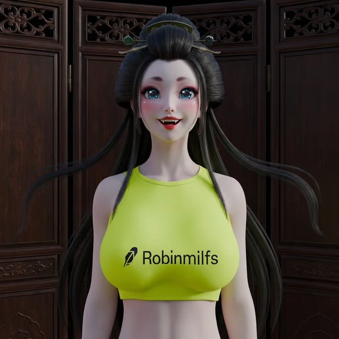 A stylized 3D animated female character with long dark hair wears a neon yellow crop top with a pen logo and the text "Robinmilfs" against a wooden screen background.