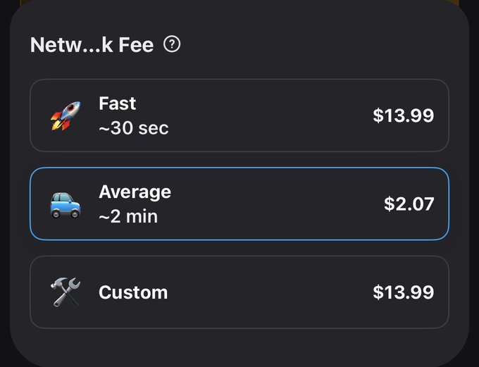 A cryptocurrency network fee selection menu displaying options: 'Fast ~30 sec' for $13.99, 'Average ~2 min' for $2.07 (currently selected), and 'Custom' for $13.99.