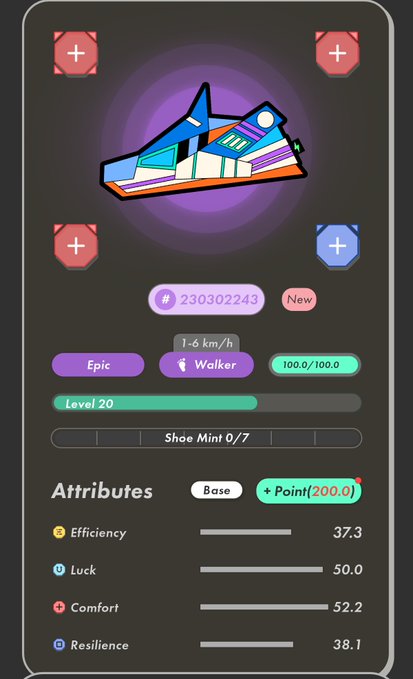 A digital sneaker NFT card from the STEPN app displays an Epic Walker shoe (ID #230302243) at Level 20, with attributes including Efficiency 37.3, Luck 50.0, Comfort 52.2, and Resilience 38.1, available for 100.0/100.0. The post humorously reflects on the disappointing (微妙) stats, suggesting the owner is deciding whether to sell the NFT or use it as crafting material.