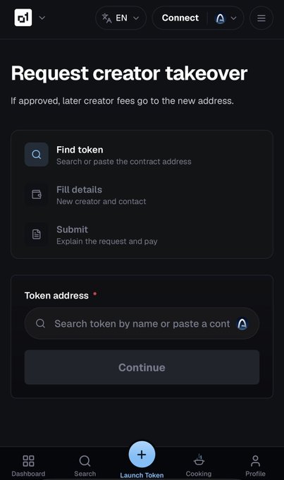 The image shows a "Request creator takeover" page on a developer platform, featuring a three-step process (Find token, Fill details, Submit) and a "Token address" search bar with placeholder text "Search token by name or paste a cont...". This aligns with the post describing how users can submit CTO takeover requests by navigating to Developers → Takeover, finding their token, filling in new creator wallet details, and completing the submission process.