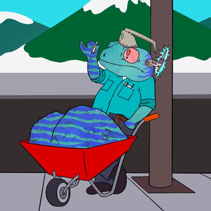 A cartoon illustration of a blue, frog-like character in a hard hat and work shirt, smoking a cigarette next to a wheelbarrow full of blue material.
