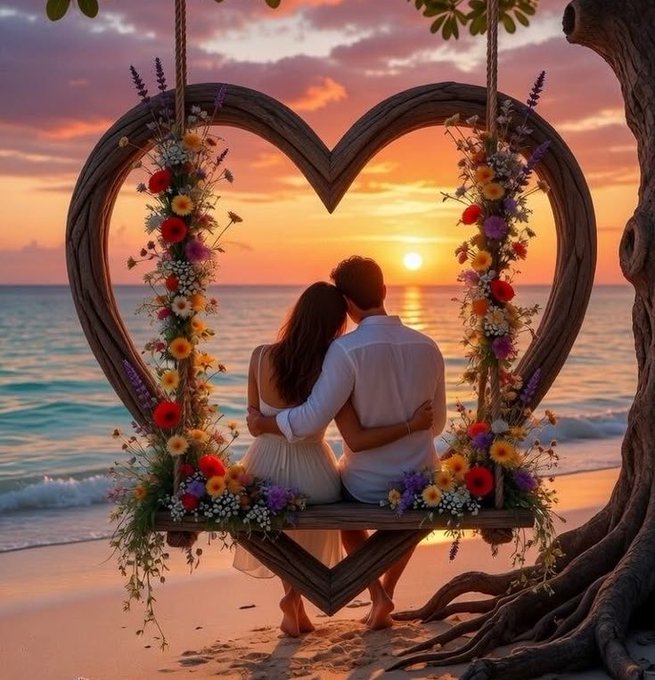 The image features a couple sitting together on a swing made of flowers, with their arms around each other at sunset. The scene takes place near the ocean, adding a romantic atmosphere to the moment. The photo captures the couple's intimate connection as they enjoy the beautiful view and each other's company.