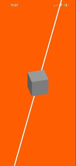 An iOS lock screen screenshot displaying a 3D rendering of a gray cube along a white diagonal line against a solid orange background, showing the time 11:07.