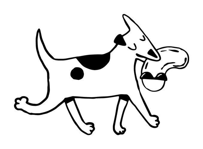 A simple black and white cartoon illustration of a spotted dog standing in profile with its tongue hanging out.
