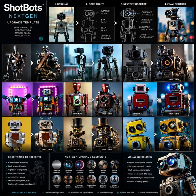 ShotBots NEXTGEN upgrade template showing before/after character transformations of various robots, listing core traits, upgrade elements, and visual guidelines.