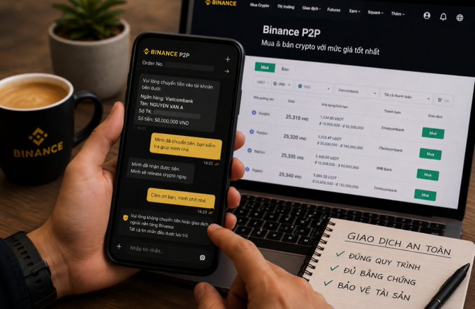 A person holding a smartphone displaying the Binance P2P chat interface, with a laptop showing the Binance P2P marketplace and a mug branded with the Binance logo on the desk.
