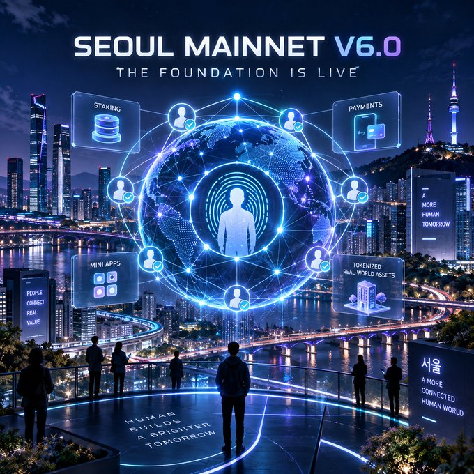 A futuristic promotional graphic for 'SEOUL MAINNET V6.0 - THE FOUNDATION IS LIVE' shows a glowing digital globe with connected nodes labeled STAKING, PAYMENTS, MINI APPS, and TOKENIZED REAL-WORLD ASSETS, set against a nighttime Seoul skyline with people silhouetted in the foreground.