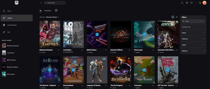 A digital storefront interface showing various games for sale including 'Medieval Empires,' 'Lost Relics,' 'Multi Galaxy,' 'Swords of Blood,' 'Etherscape,' and 'Operation Safe Place' among others.