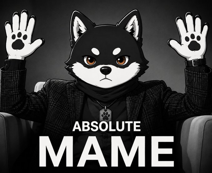 The image features a cartoon dog wearing a suit, with its paws raised in the air as if posing for a picture or giving a speech. The text "Absolute Mame" is written below the dog's head, indicating that this is an advertisement or meme related to the name of the person behind the account.