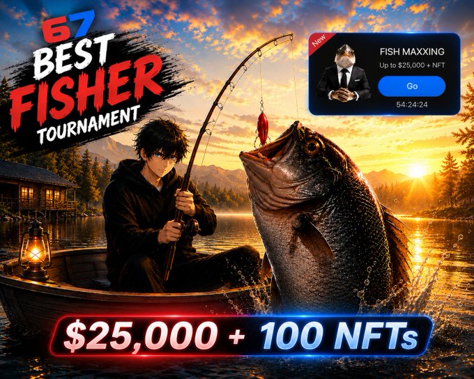 An anime-style character reels in a massive bass at sunset, promoting the "67 BEST FISHER TOURNAMENT" with a $25,000 + 100 NFTs prize pool and a featured "FISH MAXXING" NFT offer alongside a 54:24:24 countdown timer. The dramatic fishing scene and bold tournament branding visually emphasize the post's excitement about being pulled back into competitive fishing for the high-stakes @sixsevenapp event.