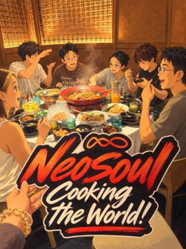 A group of friends gathers around a table enjoying a variety of dishes, with bold text reading "NeoSoul Cooking The World!" overlaid on the image. The scene captures the warmth of shared meals and lively conversation, reflecting the post's sentiment of connection and appreciation for community across generations.