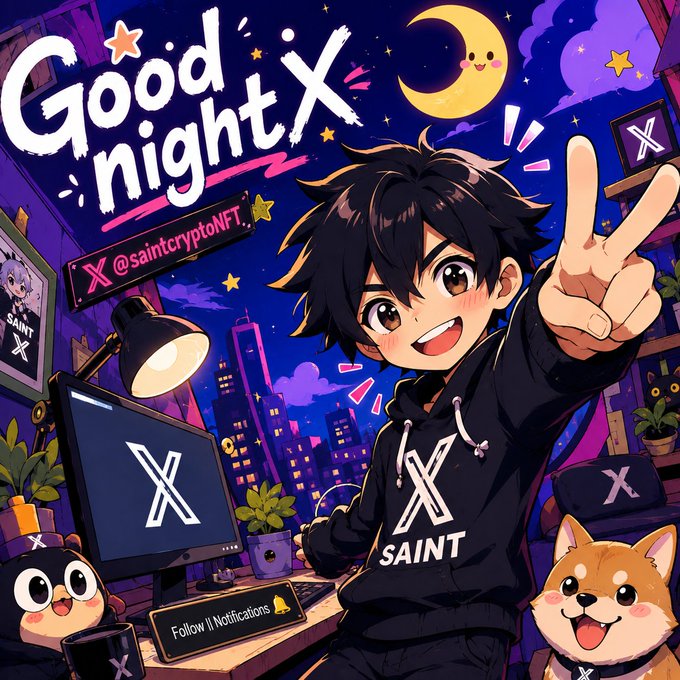 An anime-style 'Good night' illustration featuring a smiling dark-haired boy in a black 'SAINT' hoodie making a peace sign, with a moon, a penguin, a Shiba Inu dog, and an X logo monitor, credited to @saintcryptoNFT.