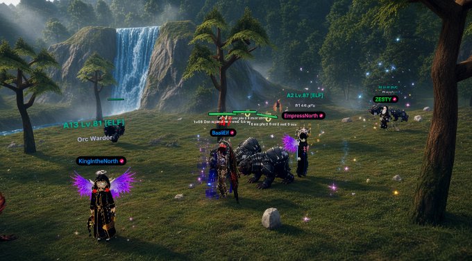 A screenshot from an MMORPG showing multiple characters with names like 'KingIntheNorth', 'Orc Warden', 'EmpressNorth', and 'ZEST' gathered in a grassy field with a waterfall in the background.
