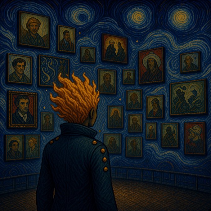 Illustration of a person with fiery orange hair viewing a gallery wall of portraits in a room with swirling starry night-style walls.