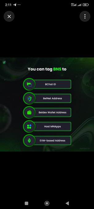 A smartphone screenshot showing a menu titled 'You can tag BNS to' with options for BChat ID, BelNet Address, Beldex Wallet Address, Host MNApps, and EVM-based Address.