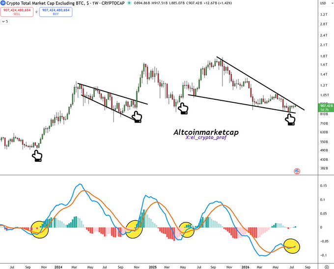 Crypto market chart showing 'Crypto Total Market Cap Excluding BTC' (CRYPTOCAP) trading around 907.4T, with technical analysis annotations including falling wedge patterns and MACD indicators from @xcl_crypto_prof.